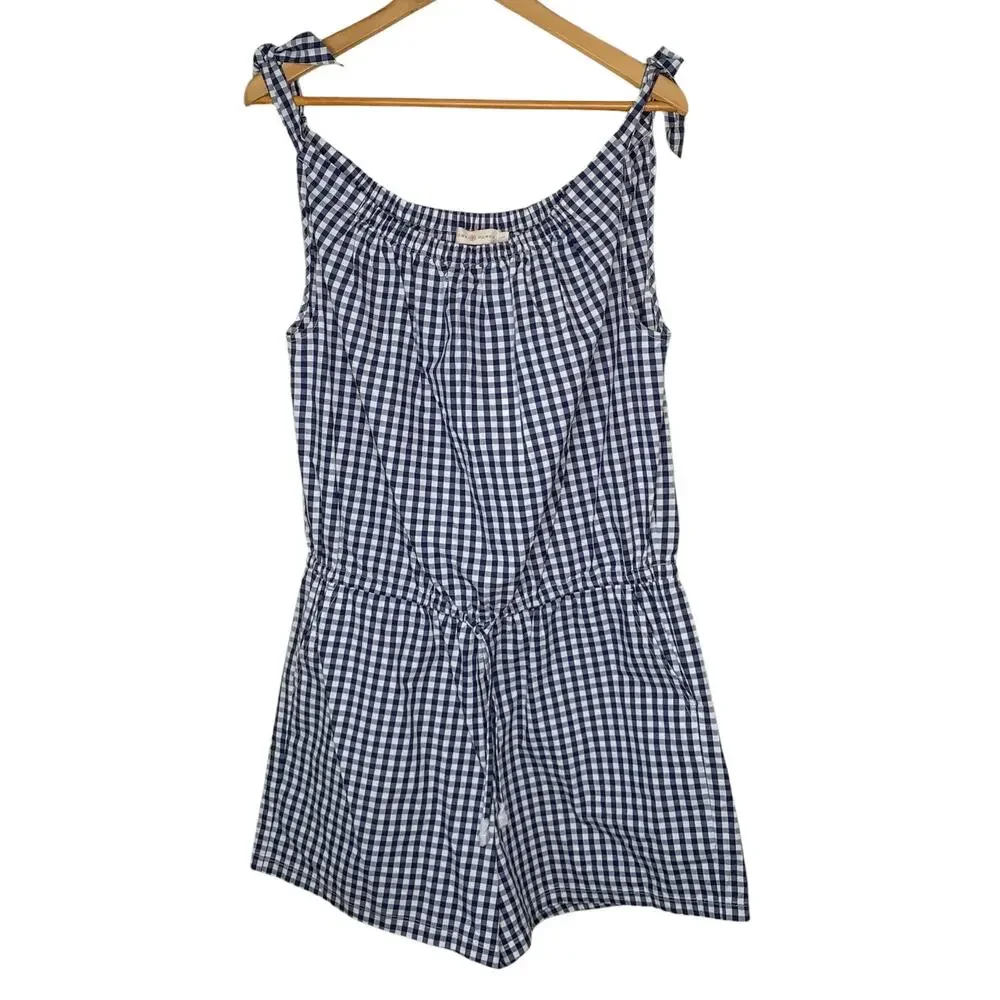 Tory Burch Navy White Gingham Tie Strap Cotton Romper NWT L